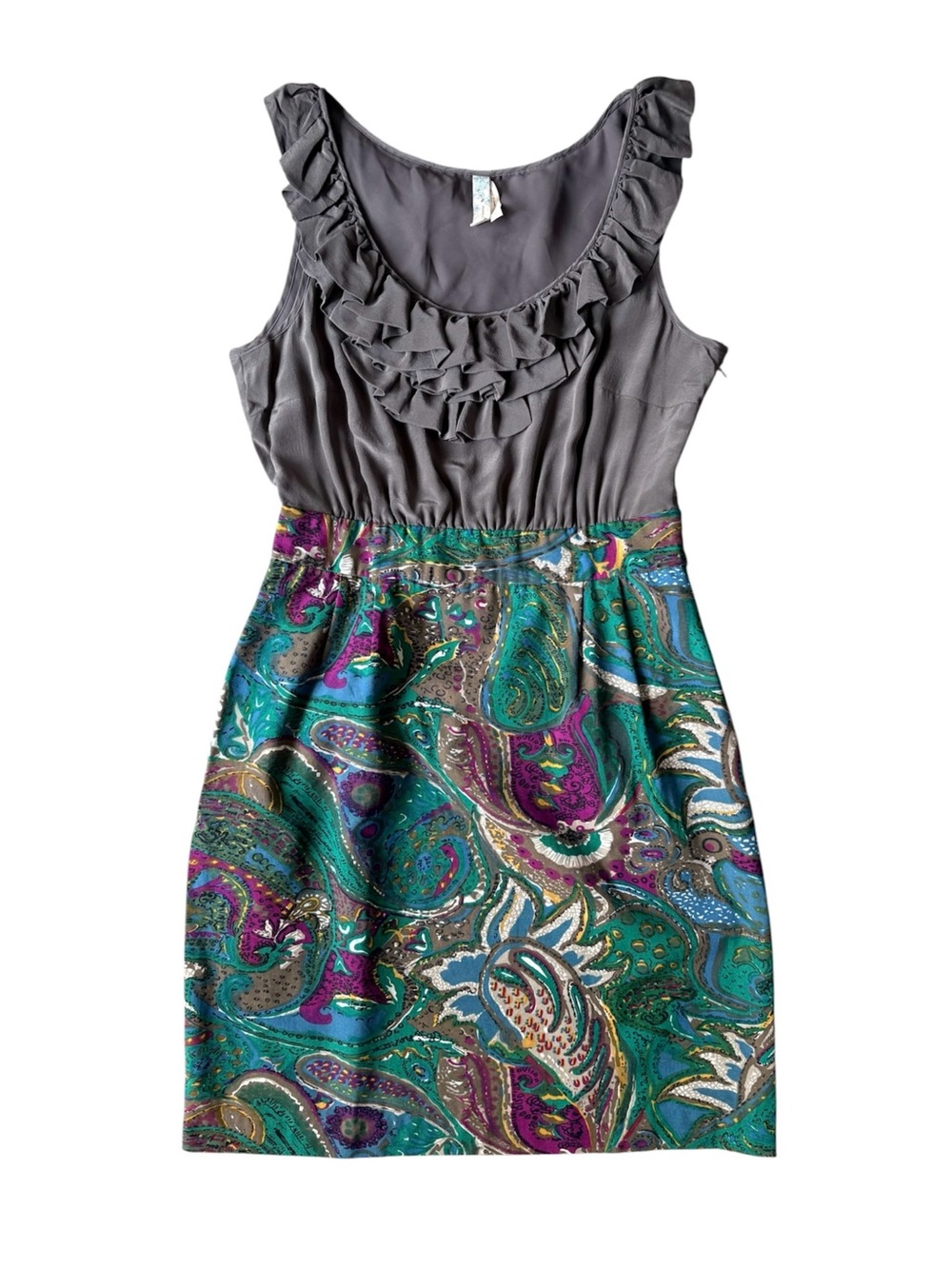 Maeve Anthropologie Sleeveless Ruffle Paisley Sheath Dress Size 4 Gray Green